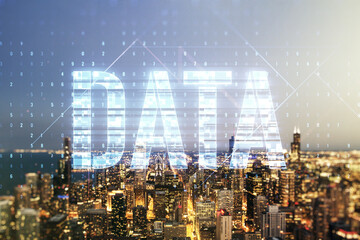 Aufkleber - Data word hologram on Chicago office buildings background, big data and blockchain concept. Multiexposure