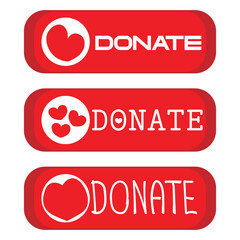 Donate web button. Set red buttons with heart. Symbol of financial aid isolated on white background. Vector illustration.