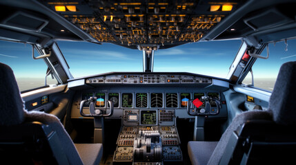 Wall Mural - The cockpit of the aircraft with blue sky outside.