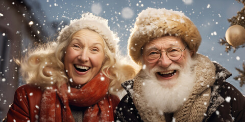 Happy smiling old retired couple on winter holidays in snowy day. Generative AI