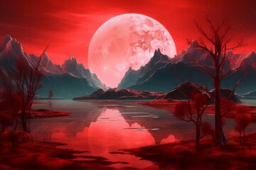 Wall Mural - red fantasy landscape. star night. generate ai