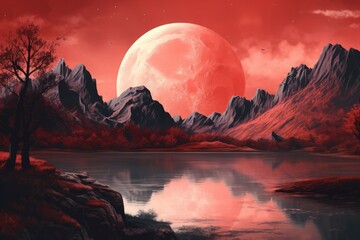 Wall Mural - red lake fantasy landscape. cosmos view. generate ai