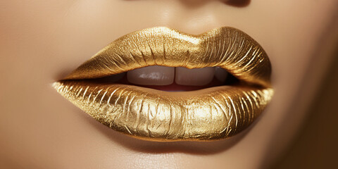 close up lips with shiny golden color paint or lipstick, stylish fashion makeup. part woman face clo