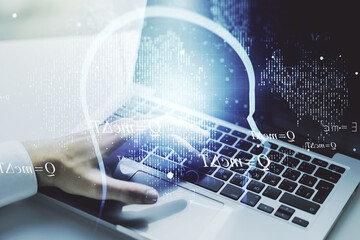 Aufkleber - Creative artificial Intelligence concept with human head hologram and hands typing on laptop on background. Multiexposure