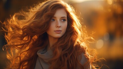 Wall Mural - Portrait of a Young woman. Beautiful autumn redhead model with flowing wavy hair.
