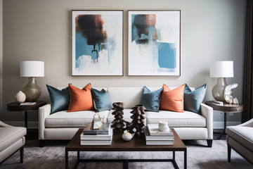 Transitional interior design for a modern living room featuring an elegant sofa, artwork, table, and stylish decor