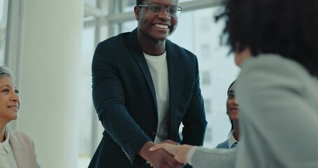 Poster - Business people, handshake and meeting in hiring, partnership or teamwork together at office. Businessman shaking hands with employee in recruiting or introduction for b2b, deal or team agreement