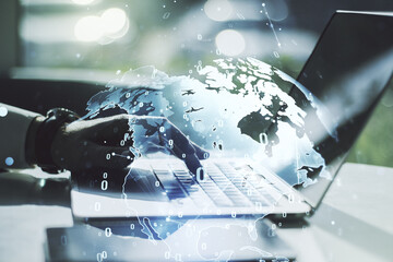 Poster - Multi exposure of abstract software development hologram with world map and hands typing on computer keyboard on background, global research and analytics concept
