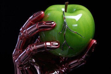 Wall Mural - a detailed shot of a robot hands grip on a glossy apple