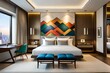 A well-lit hotel suite featuring a colorful and artistic headboard above a plush bed.