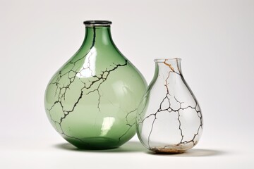 Canvas Print - a cracked flask with spilled green liquid on a white table