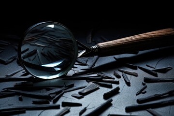 a magnifying glass focusing on a broken nail on a black surface