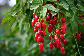 Wall Mural - close-up of ripe red chili peppers hanging on lush green plant