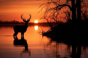 Wall Mural - deer silhouette reflected on a calm lake during sunset