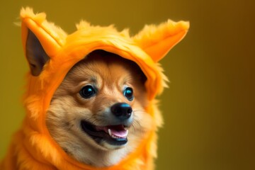 Canvas Print - Close-up portrait photography of a cute finnish spitz wearing a dinosaur costume against a tangerine orange background. With generative AI technology