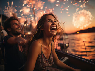 Laughing 30s couple celebrate holiday in the boat, seated in vessel watching fireworks in sky, bright flashes reflected in water, enjoy pyrotechnics event from yacht. Christmas, New Year celebration