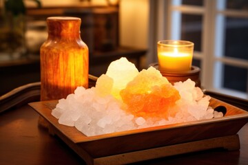 Canvas Print - tray of salt crystals in front of a himalayan salt lamp