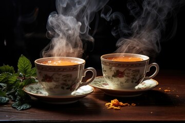 Poster - two teacups with hot beverage, steam visibly rising