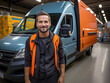 © fizkes - Young handsome smiling bearded man in uniform vest standing at workspace, posing by his truck, looking at camera. Van driver, professional occupation person, warehouse male worker portrait, shipping