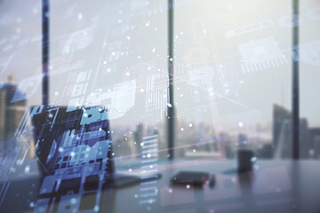 Aufkleber - Multi exposure of abstract creative coding sketch and modern desktop with computer on background, artificial intelligence and neural networks concept