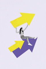 Poster - Self motivation workaholic young business lady holding huge yellow arrow progress ambitions collage concept isolated on violet background