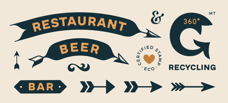 Arrow set. Collection vintage sign, arrow, symbol and graphic element. Design arrow, direction sign, icon for decorative design. Hand-drawn graphics with text, vintage graphic. Vector Illustration