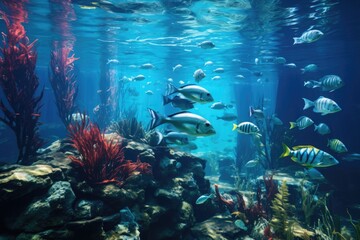 Naklejka na meble different types of fishes swimming together in an aquarium