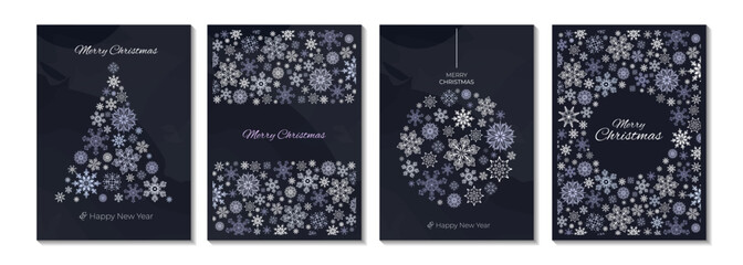 Wall Mural - Merry Christmas and New Year brochure covers set. Xmas luxury banner design with white snowflakes decorative borders on blue backgrounds. Illustration for flyer, poster or greeting card