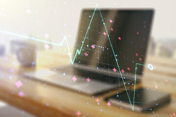 Poster - Creative abstract heart pulse hologram and modern desktop with pc on background, online medical consulting concept. Multiexposure