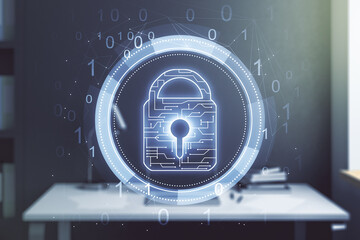 Poster - Creative lock sketch with chip hologram and modern desk with computer on background, protection of personal data concept. Multiexposure
