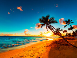 Poster - Sunset in Hawaii with palm trees on the beach Ai create a picture