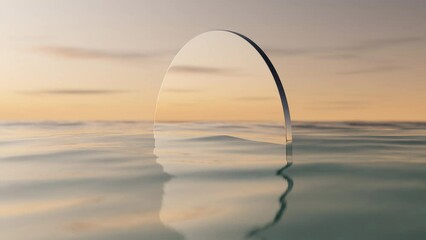 Wall Mural - wave sea beach and round mirror on sunset sky abstract background. nature and summer concept. 3d ren