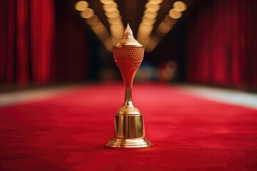 Wall Mural - close-up shot of a golden trophy on a red carpet