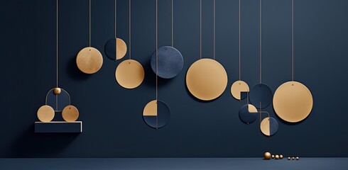 Wall Mural - Invitation of Stylized Blue and Gold Discs of different Sizes Hanging From Gold Threads