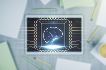 Poster - Creative artificial Intelligence concept with human brain hologram and modern digital tablet on background, top view. Multiexposure