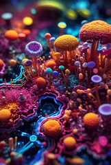 Colorful vivid bacteria and viruses microscope macro shot.