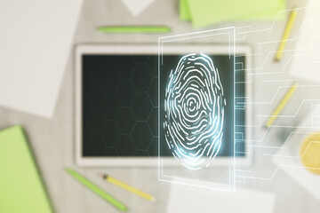 Poster - Double exposure of abstract creative fingerprint hologram and modern digital tablet on background, protection of personal information concept