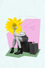 Poster - Creative template collage of tourist lady with yellow daisy flowers petals sit on suitcase travel honeymoon on 8 march holiday