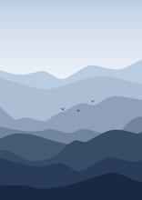 Aesthetic Minimalist Blue Mountains With Flock Landscape Illustration