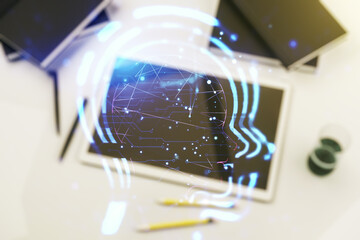 Aufkleber - Creative artificial Intelligence concept with human head sketch and modern digital tablet on desktop on background, top view. Double exposure