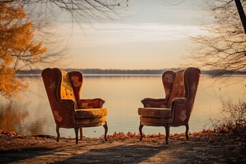 Canvas Print - a pair of chairs overlooking a serene lake