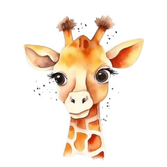 Wall Mural - Watercolor portrait of a cute giraffe isolated on white background.