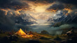 View of tent camping landscape with mountains, sun rise, clouds background.