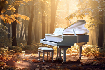 Wall Mural - White piano in colorful forest with sun light background