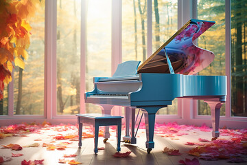 Wall Mural - White piano in the forest with sun light background