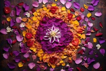 Poster - an overhead shot of colorful rangoli made with flower petals