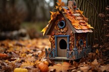 Birdhouse Decorated With Fallen Leaves