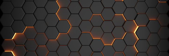 Poster - Luxury abstract hexagonal black background with gold glow. Banner 3d rendering