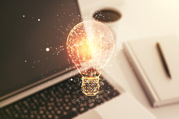 Poster - Creative idea concept with light bulb illustration on modern laptop background. Multiexposure