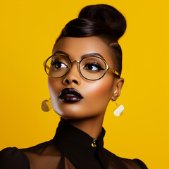 Wall Mural - Pretty black woman with glasses on a yellow background.